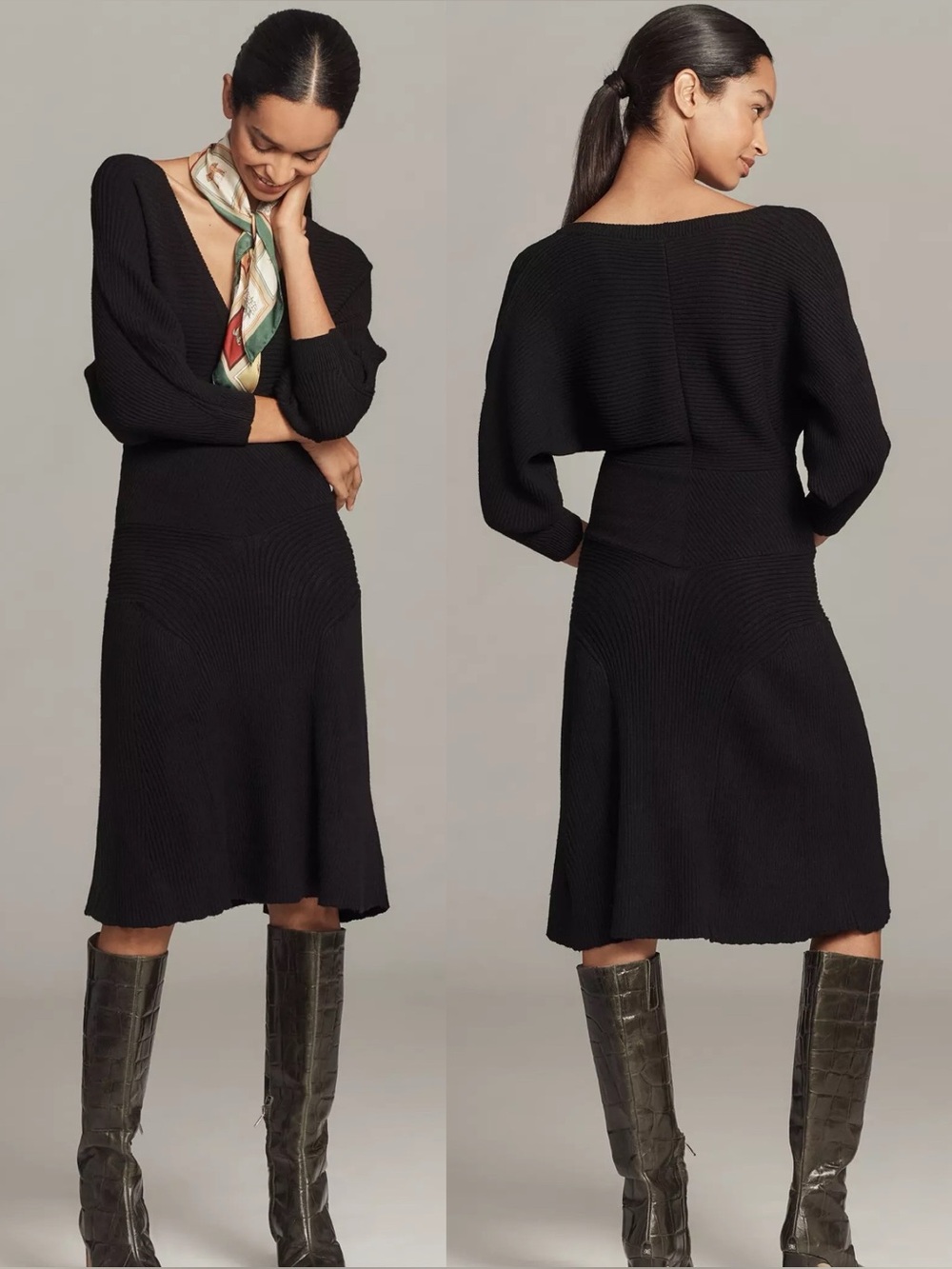Anthropologie Onyx Black Smocked-Waist Ribbed Sweater Dress